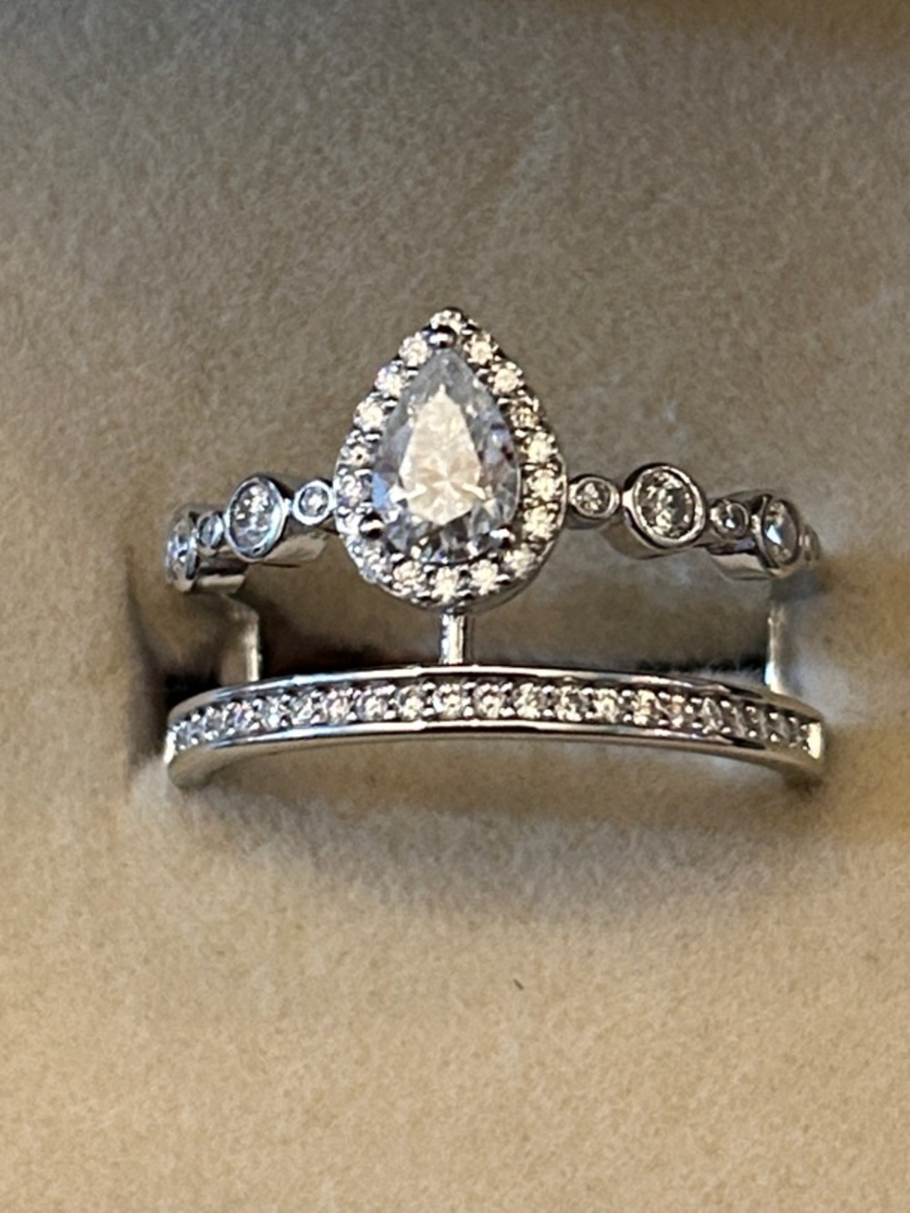 2.00CTW Moissanite Teardrop Halo Attached Ring Set in 925 Sterling Silver